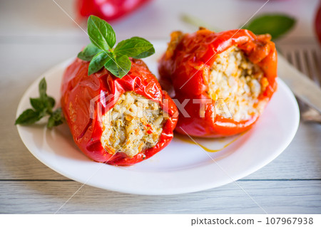 stewed in gravy stuffed peppers in a plate . 107967938
