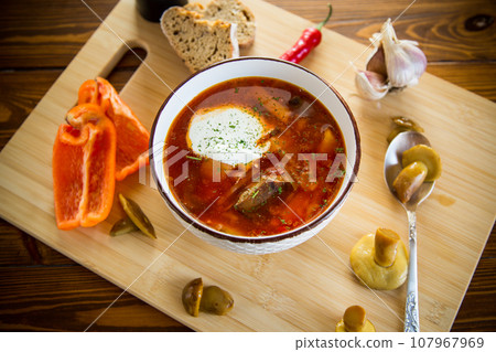 Cooked vegetarian beetroot soup with mushrooms and other vegetables in a bowl with spices. Cooked vegetarian beetroot soup with mushrooms and other vegetables in a bowl with spices. 107967969