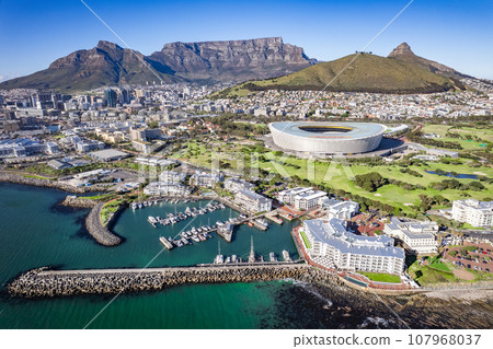 Aerial view of Cape Town Stadium, Kaapstad-stadion, Green Point, in Western Cape, South Africa Aerial view of Cape Town Stadium, Kaapstad-stadion, Green Point, in Western Cape, South Africa 107968037