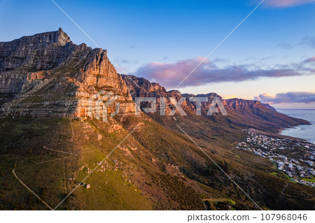 Aerial view of Kloof Corner hike at sunset in Cape Town, western Cape, South Africa Aerial view of Kloof Corner hike at sunset in Cape Town, western Cape, South Africa 107968046