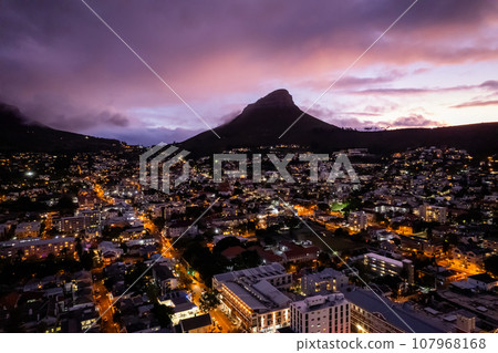 Aerial view of Cape Town city centre at sunset in Western Cape, South Africa 107968168