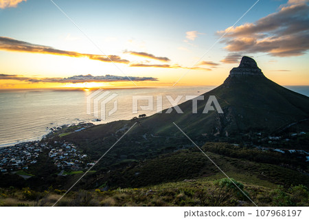 View of Lion's head from Kloof Corner hike at sunset in Cape Town, Western Cape, South Africa 107968197