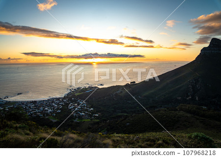 View of Lion's head from Kloof Corner hike at sunset in Cape Town, Western Cape, South Africa 107968218