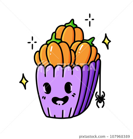 Orange pumpkins in a creepy basket and spider on a web. Popcorn for Halloween 107968389