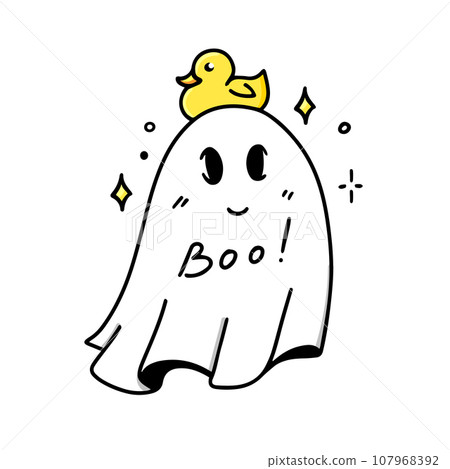 A flying ghost with a yellow duck. A Halloween ghost under a white sheet. Cute cartoon character A flying ghost with a yellow duck. A Halloween ghost under a white sheet. Cute cartoon character 107968392