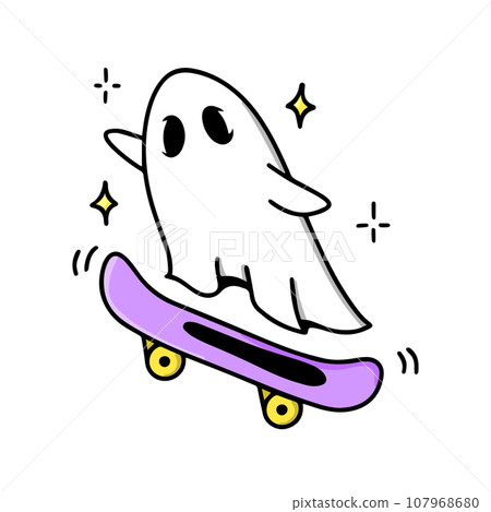 A flying ghost on a skateboard. A skater ghost under a white sheet. Cute Halloween cartoon character A flying ghost on a skateboard. A skater ghost under a white sheet. Cute Halloween cartoon character 107968680