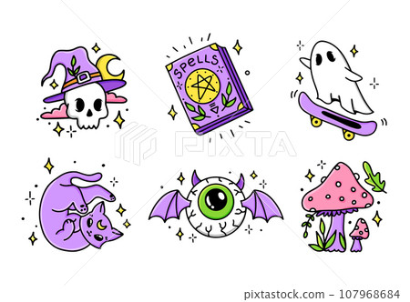 Set Halloween cartoon hand drawn stickers. Spell book, cat, skull, mushroom, bat eyeball, ghost 107968684
