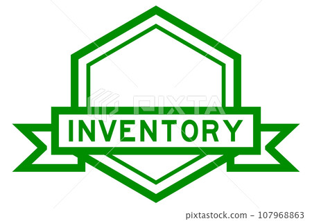Vintage green color hexagon label banner with word inventory on white background 107968863