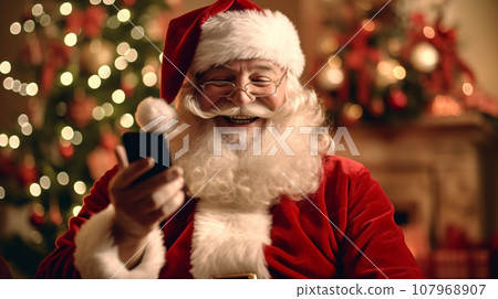 Santa Claus smiling happily using applications on smartphone in the living room, technology and lifestyle concept Christmas background. Generative AI Santa Claus smiling happily using applications on smartphone in the living room, technology and lifestyle concept Christmas background. Generative AI 107968907