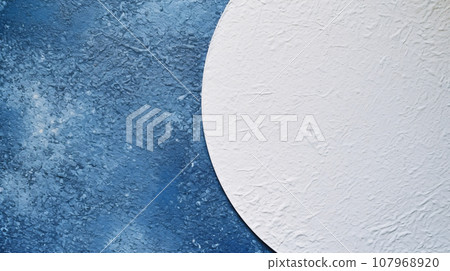 White round cut paper on blue with minimal composition, paper texture background, eco friendly and sea water concept, abstract background. Generative AI 107968920