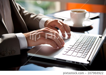 A businessman hands typing on laptop computer while working at office, business and management concept background with copy space. Generative AI 107968922