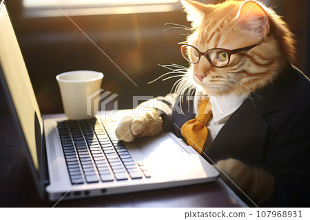 Cute Cat Working On Laptop With Coffee Cup Cartoon Vector Icon