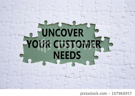 Customer Needs symbol. White puzzle with words Uncover your Customer Needs. Beautiful grey green background. Business concept. Copy space. 107968957