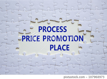 Process Price Promotion Place symbol. White puzzle with words Process Price Promotion Place. Beautiful white background. Business concept. Copy space. 107968973