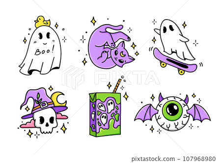 Set Halloween cartoon hand drawn stickers. Collection cat, skull, juice, bat eyeball, ghost 107968980