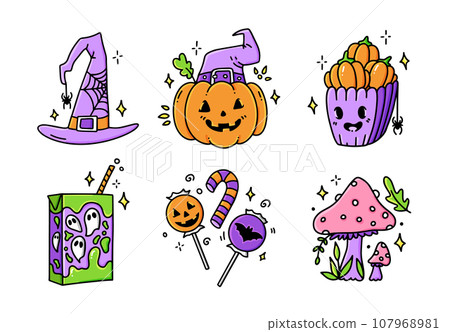 Set Halloween cartoon hand drawn stickers. Pumpkin, witch hat, mushrooms, popcorn, candy, juice 107968981