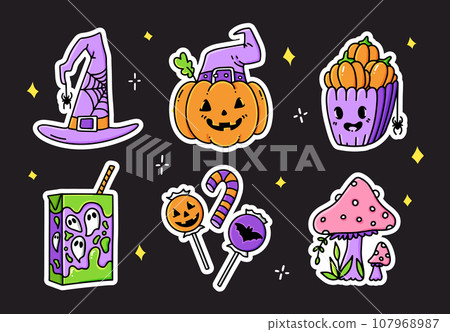 Set Halloween cartoon hand drawn stickers. Pumpkin, witch hat, mushrooms, popcorn, candy, juice Set Halloween cartoon hand drawn stickers. Pumpkin, witch hat, mushrooms, popcorn, candy, juice 107968987