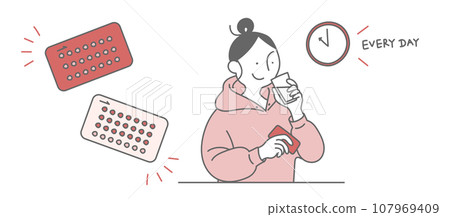 Image illustration material of a woman taking a low-dose pill 107969409