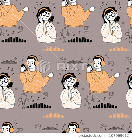 Music seamless pattern. Cute girl and man in headphones on gray background. Vector illustration. 107969612