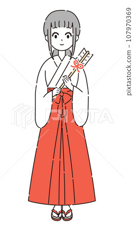 Illustration of a shrine maiden holding a hamaya 107970369