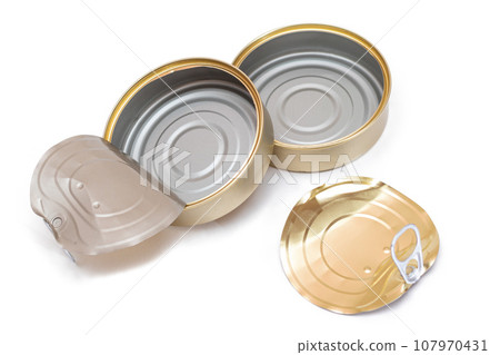 Two Opened Empty Tin Cans With Broken Cover Isolated on White Background Two Opened Empty Tin Cans With Broken Cover Isolated on White Background 107970431