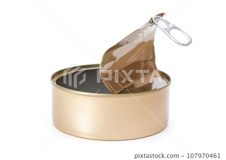 Opened Empty Tin Can Isolated on White Background 107970461
