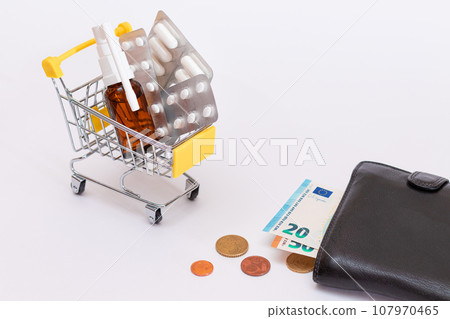 Pills and Capsules in a Shopping Cart and Black Wallet with Euro Money Pills and Capsules in a Shopping Cart and Black Wallet with Euro Money 107970465