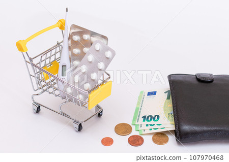 Pills and Capsules in a Shopping Cart and Black Wallet with Euro Money Pills and Capsules in a Shopping Cart and Black Wallet with Euro Money 107970468