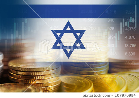 Israel flag with stock market finance, economy trend graph digital technology. 107970994