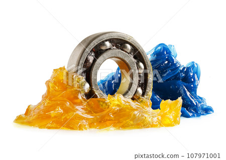 Grease and ball bearing  isolated on white background, lithium machinery lubrication for automotive and industrial. 107971001