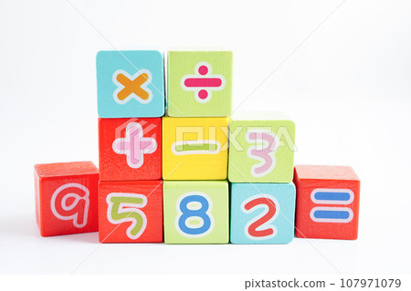 Number wood block cubes for learning Mathematic, education math concept. Number wood block cubes for learning Mathematic, education math concept. 107971079