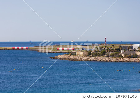 View of the Mediterranean Sea and Nice Airport in Nice, France 107971109