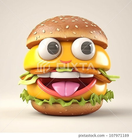 Hamburger, funny cute cartoon food 3d illustration on white background, creative avatar Hamburger, funny cute cartoon food 3d illustration on white background, creative avatar 107971189
