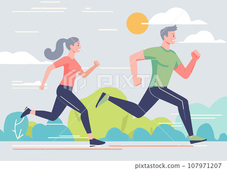 老夫婦跑步，綠色背景 107971207