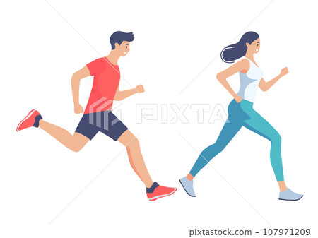 幾個男人和女人跑步，白色背景 107971209