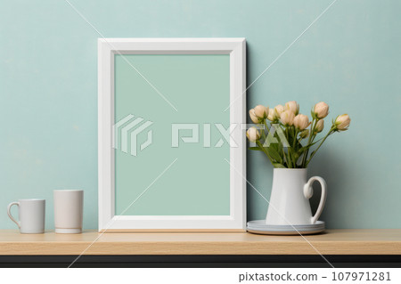Modern mock up frame standing on shelf with flowers in vase. Generative AI 107971281