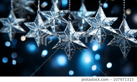 Shiny silver six point stars hanging with blue glowing light and bokeh background. Generative AI 107971315