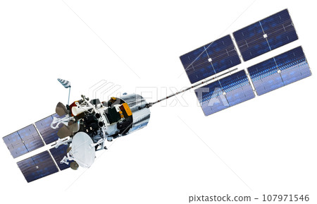 Modern telecommunication satellite isolated Modern telecommunication satellite isolated 107971546