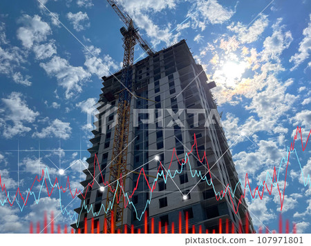 New house for many families, babies and new life, building multi storey building as symbol of hope to better life. Vertical photo. Sale of real estate 107971801