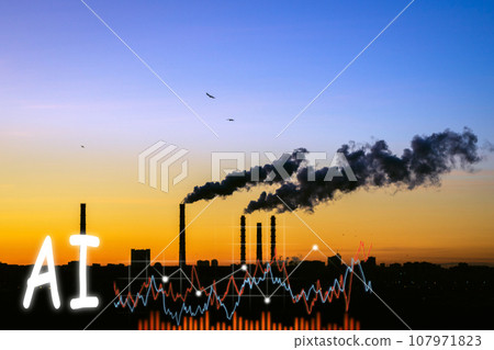 Factory pipe polluting air, environmental problems, ecology theme, the smoke from the chimneys. Concept of artificial intelligence Factory pipe polluting air, environmental problems, ecology theme, the smoke from the chimneys. Concept of artificial intelligence 107971823