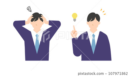 Illustration of a man in a suit in a troubled pose and an inspired pose 107971862