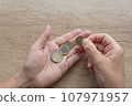 Euro coins in hand close up. 107971957