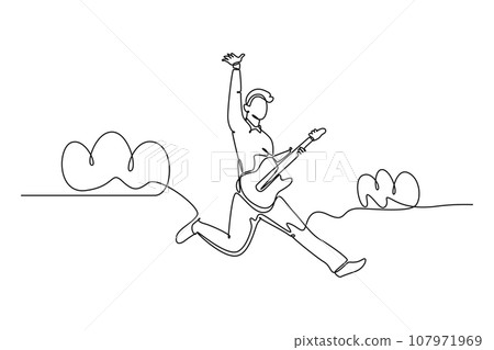 Continuous one line drawing young energetic guitarist jumping at stage and playing electric guitar. Energetic musician artist performance concept. Single line draw design vector graphic illustration 107971969