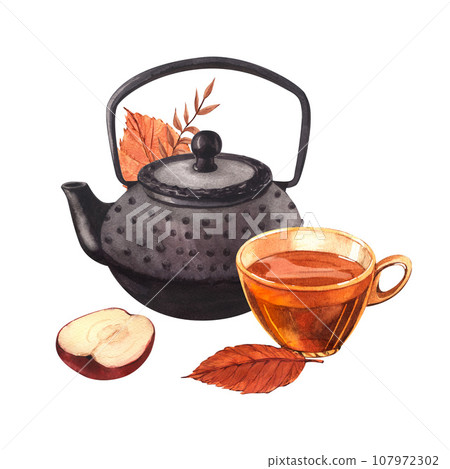 Brewed black tea in glass cup and teapot with autumn leaves, apple. Watercolor hand-drawn illustration isolated on white background. Perfect for menu, cooking, packing, card Brewed black tea in glass cup and teapot with autumn leaves, apple. Watercolor hand-drawn illustration isolated on white background. Perfect for menu, cooking, packing, card 107972302
