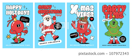Merry Christmas groovy funny cartoon posters. Santa Claus, Christmas tree, coffee and ball in trendy funky retro cartoon style. Greeting cards, template, posters, prints and backgrounds. Merry Christmas groovy funny cartoon posters. Santa Claus, Christmas tree, coffee and ball in trendy funky retro cartoon style. Greeting cards, template, posters, prints and backgrounds. 107972343