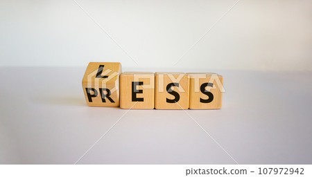 Having less press or being press-less. The word 'press' and 'less' on wooden cubes. Beautiful white background, copy space. Business, psychological and less press concept. Having less press or being press-less. The word 'press' and 'less' on wooden cubes. Beautiful white background, copy space. Business, psychological and less press concept. 107972942