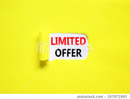 Limited offer symbol. Concept words Limited offer on beautiful white paper. Beautiful yellow paper background. Business marketing, motivational Limited offer concept. Copy space. 107972993