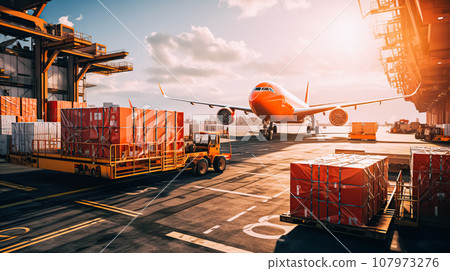 Air cargo transportation, Transportation of general cargo from airport terminal. Loading and unloading various cargoes Air cargo transportation, Transportation of general cargo from airport terminal. Loading and unloading various cargoes 107973276