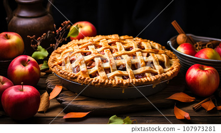 Festive American apple pie decorated with powdered sugar and apple pieces on a dark background. Festive sweet dessert 107973281