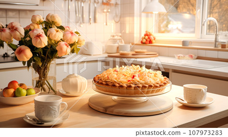 Festive American apple pie decorated with powdered sugar and pieces of apples stands on the countertop Festive American apple pie decorated with powdered sugar and pieces of apples stands on the countertop 107973283